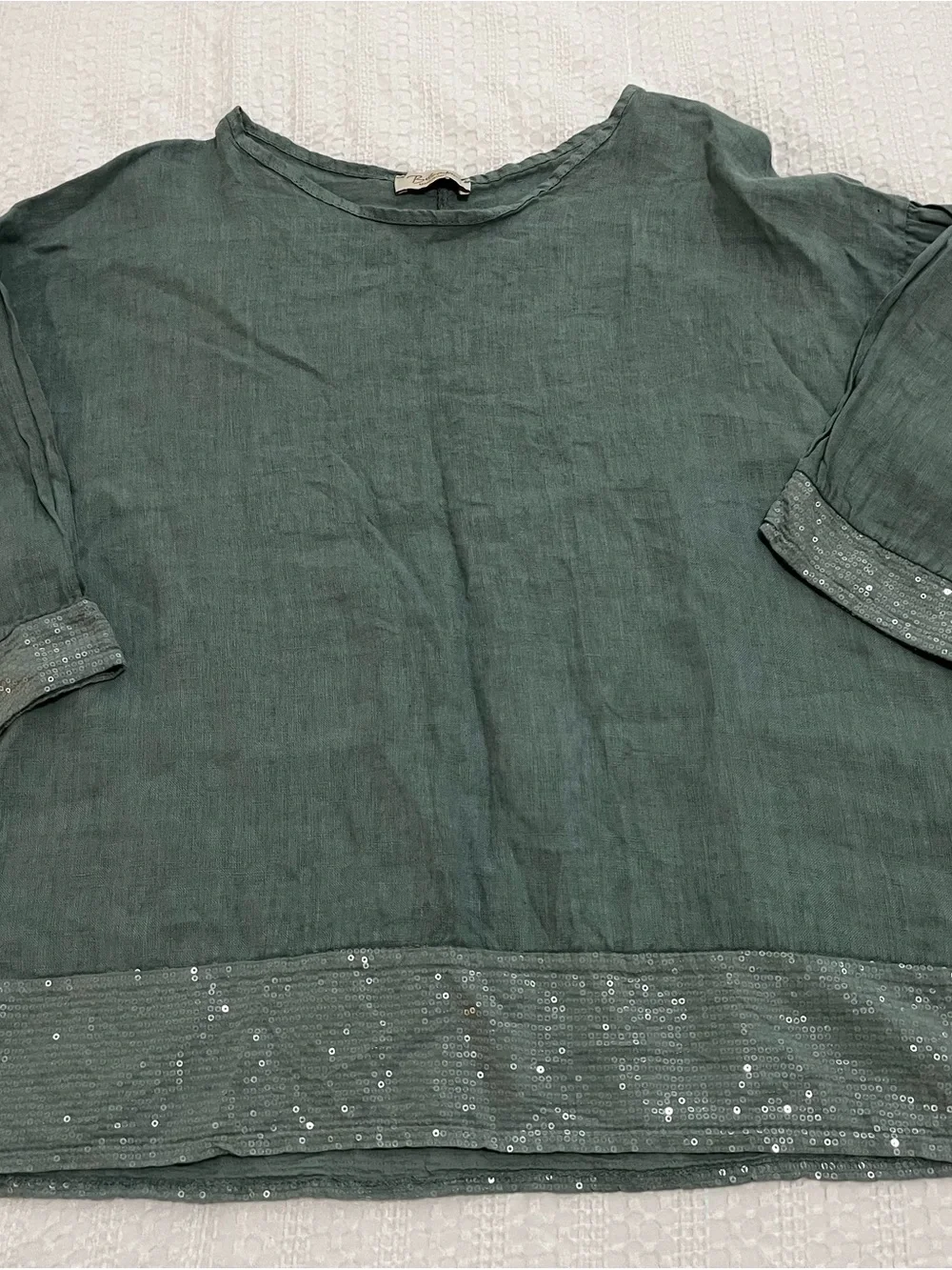 Bellambra Relaxed Sage Light Teal Linen Tunic with Sequin Trim Sz L Breezy - Picture 2 of 9